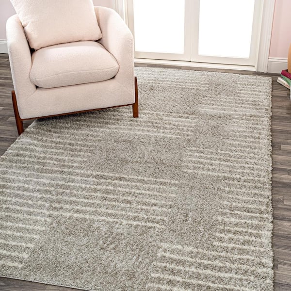Petra Abstract Stripe Geometric Shag Gray/Ivory 5 ft. x 8 ft. Area Rug