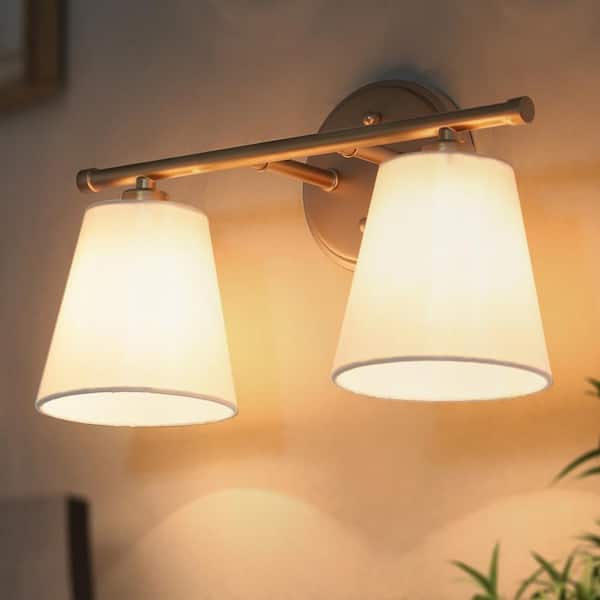 Modern Gold Bathroom Vanity Light,14.6 in. 2-Light Farmhouse Wall Sconce with Fabric Shades