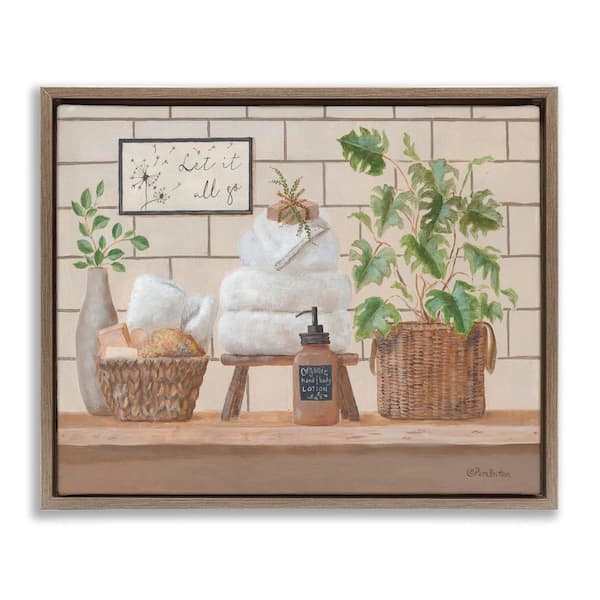 Stupell Industries Comforting Bathroom Spa Still Life by Pam Britton 1 Piece Brown Floater Frame Nature Graphic Art Print 25 in. x 31 in.