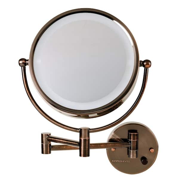 OVENTE Dual 2 in. W x 14.6 in. H Small Round Stainless Steel Framed with LED Wall Mount Bathroom Vanity Mirror in Antique Brass