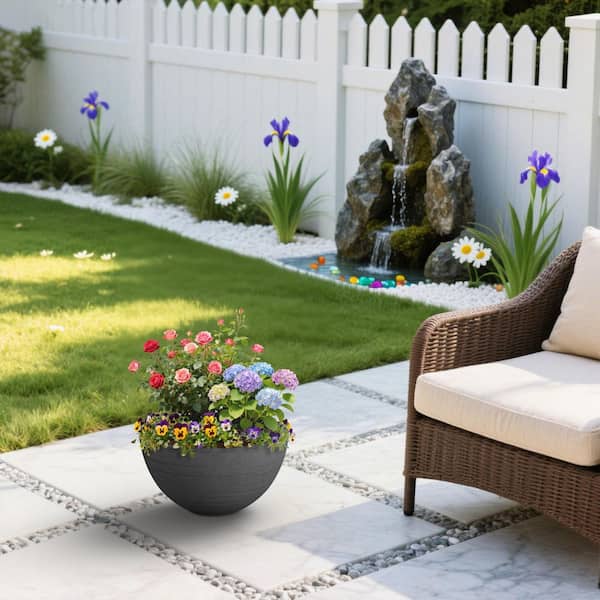 17 in. Large Dark Gray Concrete Round Planter / Pot Lightweight Planter Bowl with Drainage Holes for Indoor and Outdoor