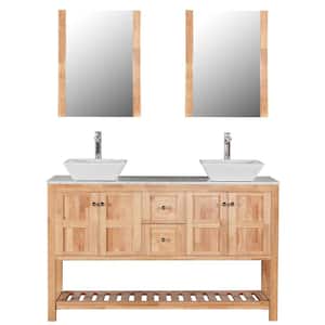 Manhattan 60 in. W x 18 in. D Bath Vanity in Natural Wood with Marble Vanity Top in White with White Basin and Mirror