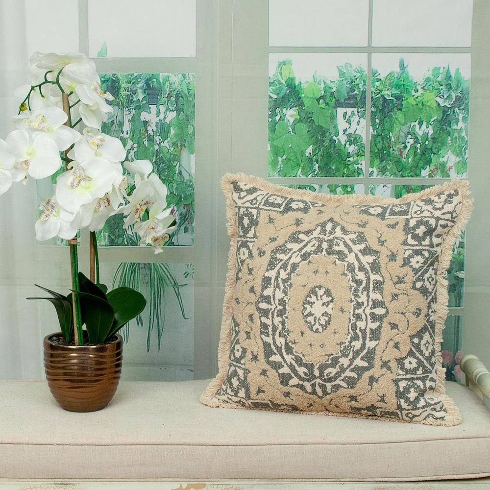 Abu Beige and Gray Embroidered Cotton Square Throw Pillow