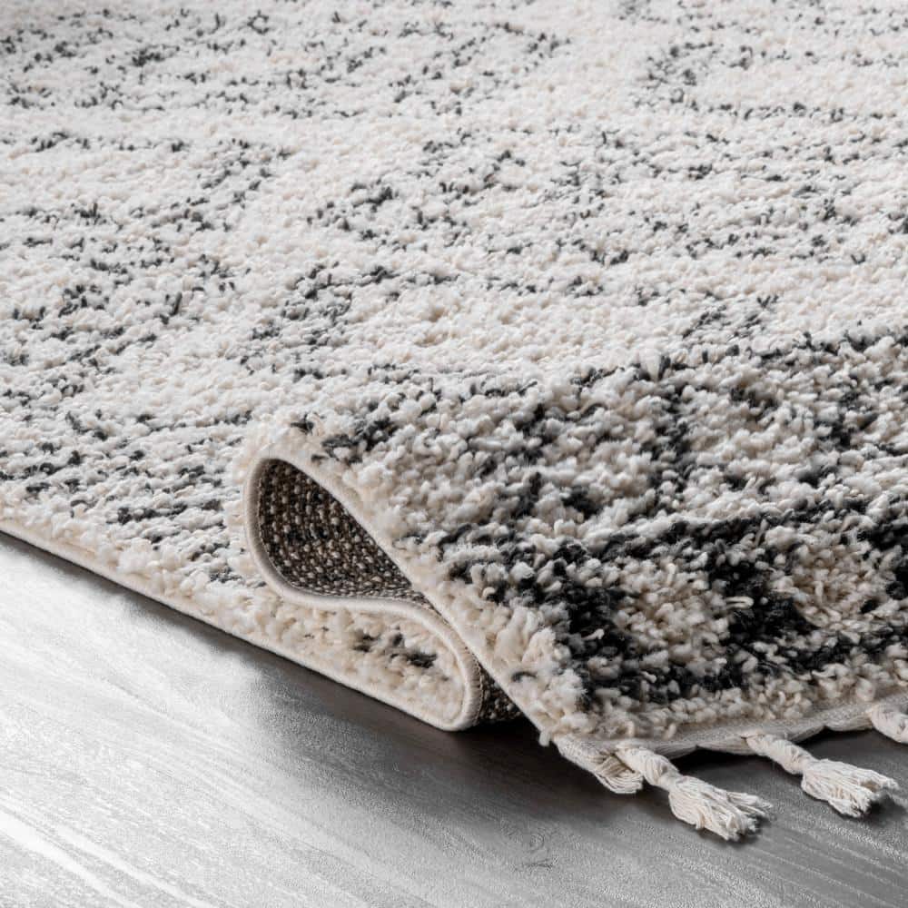 Ivory Geometric Braided Shag Area Rug with Tassels