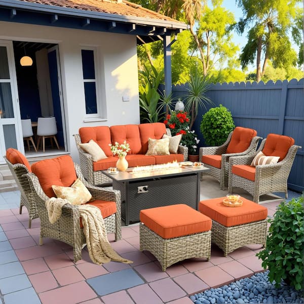HOOOWOOO Cherry 8-Piece Wicker Outdoor Fire Pit Furniture Patio Conversation Sofa Seating Set with Orange Red Cushions