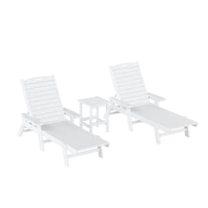 Harlo 3-Piece White Fade Resistant HDPE Plastic Reclining Outdoor Patio Chaise Lounge Arm Chair and Table Set