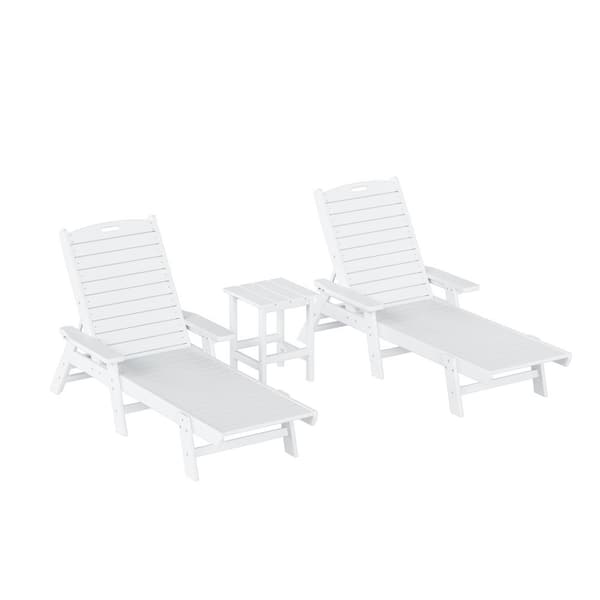 WESTIN OUTDOOR Harlo 3-Piece White Fade Resistant HDPE Plastic Reclining Outdoor Patio Chaise Lounge Arm Chair and Table Set