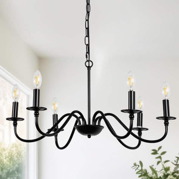 YANSUN 6-Light Black Candle Rustic Industrial Iron Chandeliers for Dining Room Living Room
