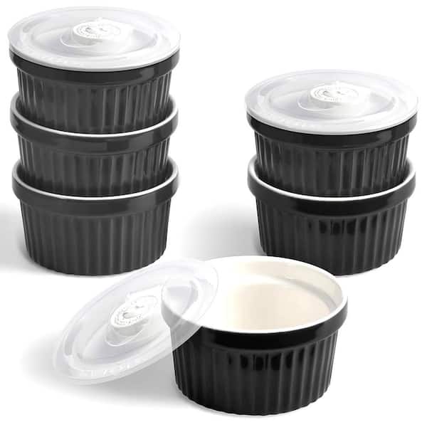 6-Piece Round Porcelain Ramekin Set with Lids Ceramic Soufflé Cups for Baking and Serving Oven Safe Black