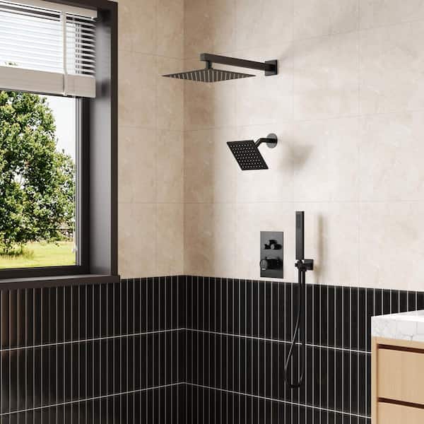 Zenith Rain 8-Spray 12, 6 in. Dual Wall Mount Shower Head and Handheld Shower Head 2.5 GPM in Matte Black Valve Included