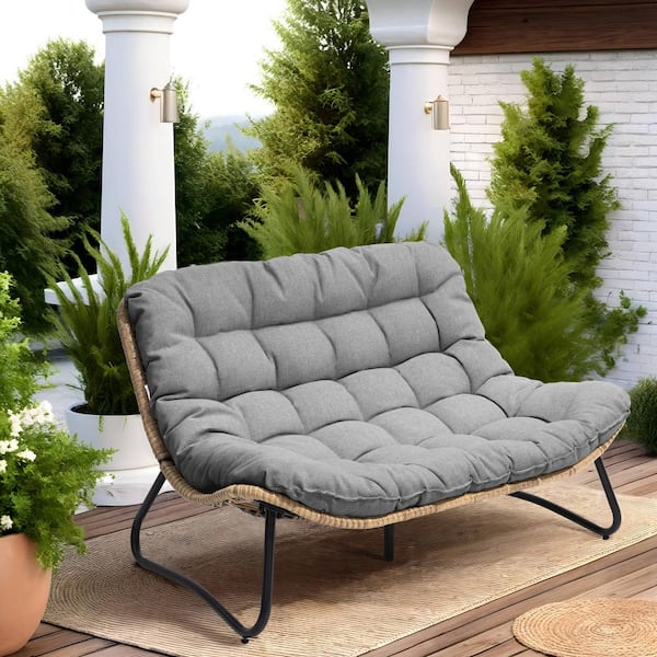 1-Piece Metal Frame Brown Faux Rattan Wicker Outdoor Loveseat with Dark Gray Cushion