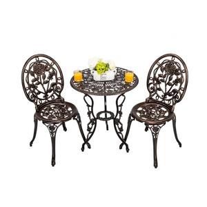 Antique Bronze Rose 3-Piece Outdoor Bistro Cast Aluminum Table Set, Patio Table & Chairs Furniture, Rust Resistance