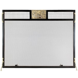38 in. L Polished Brass and Matte Black 1-Panel Clematis Emblem Fireplace Screen