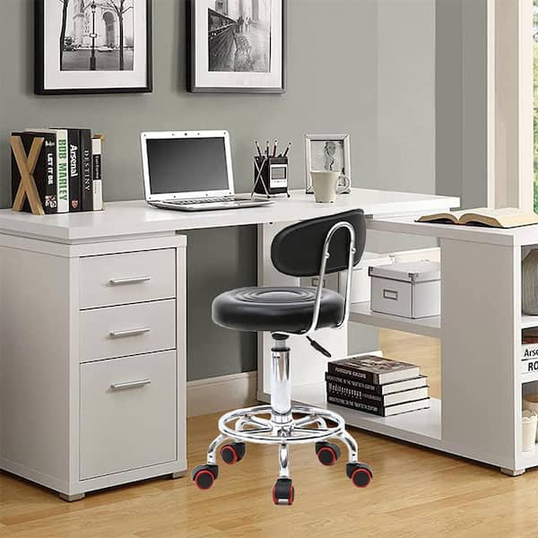 34 in. Height Black PU Leather Seat Adjustable Salon Stool with Back Office Rolling Chair