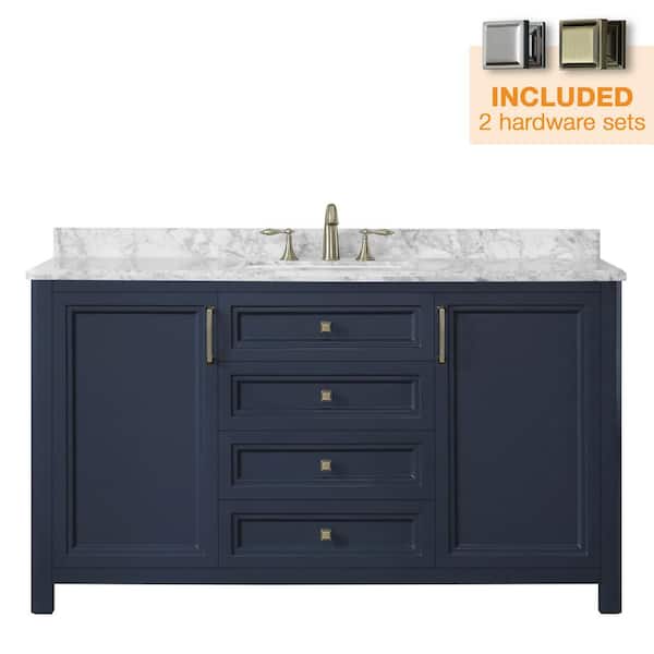 Sandon 60 in. Single Sink Midnight Blue Bath Vanity with Carrara Marble Top (Assembled)