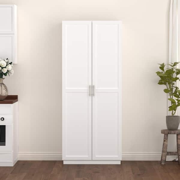 Modern White Wood 29.9 in. Pantry Cabinet with Adjustable Shelves & Retractable Panels