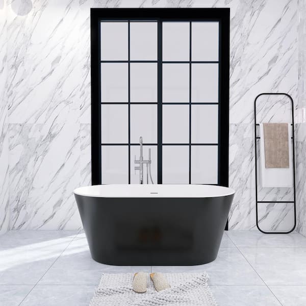 Unbranded 55 in. x 28 in. Acrylic Soaking Bathtub in Gloss Black with Center Drain in Polished Chrome