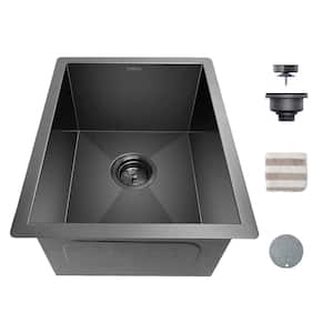 Stainless Steel 14 in. Black Single Bowl Undermount Kitchen Sink with Bottom Grid and Kitchen Sink Drain