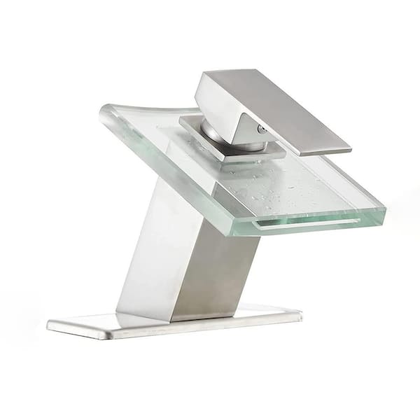 Unbranded Waterfall Single Hole Single-Handle Low-Arc Bathroom Faucet with Glass Spout in Brushed Nickel