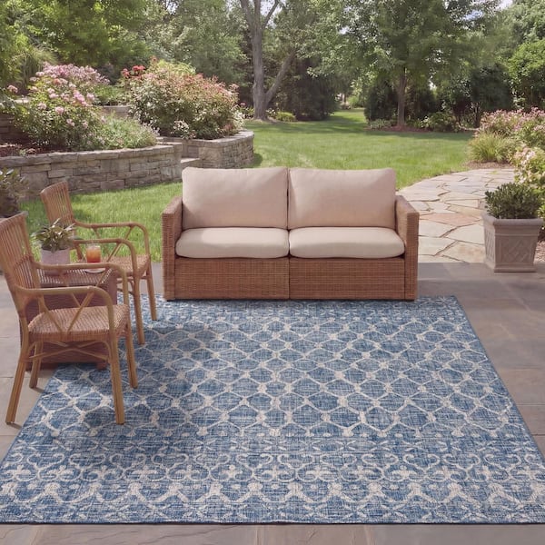 Courtyard Navy/Gray 8 ft. x 11 ft. Distressed Border Trellis Indoor/Outdoor Area Rug