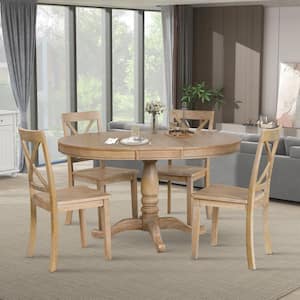 5-Piece Natural Round or Oval Extendable Wooden Dining Table Set with 4 Curved Chairs
