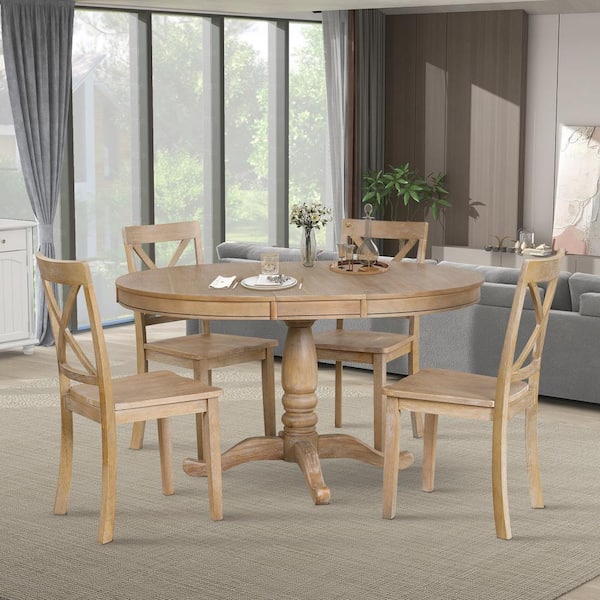 Harper & Bright Designs 5-Piece Natural Round or Oval Extendable Wooden Dining Table Set with 4 Curved Chairs