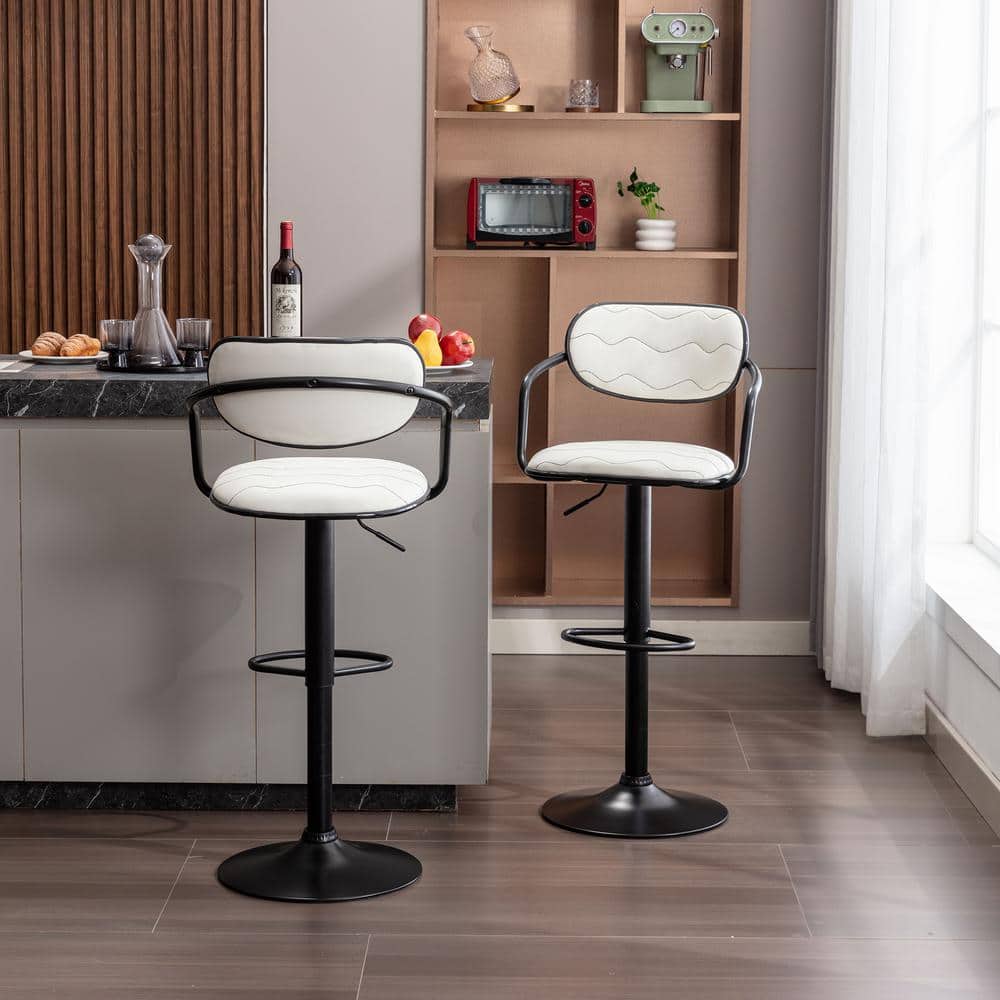 Adjustable White Faux Leather Swivel Bar Stools with Black Metal Frame, Set of 2