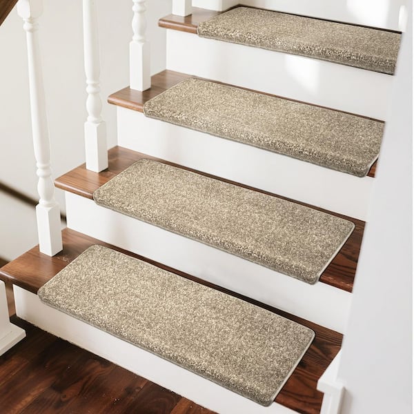 Bullnose Cream Gray 9.5 in. x 30 in. x 1.2 in. Polypropylene Carpet Stair Tread Cover Mats Self Adhensive Set of 12