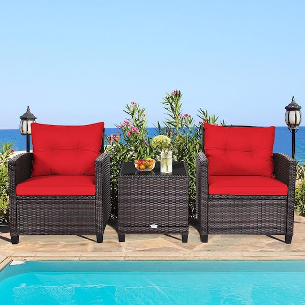 Brown 3-Pieces Wicker Patio Conversation Set Outdoor Rattan Furniture with Red Cushions