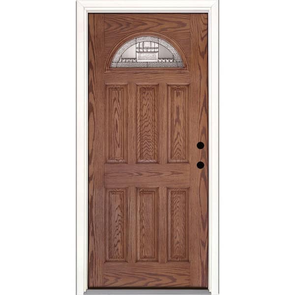 Feather River Doors 33.5 in. x 81.625 in. Preston Zinc Fan Lite Stained Medium Oak Left-Hand Inswing Fiberglass Prehung Front Door