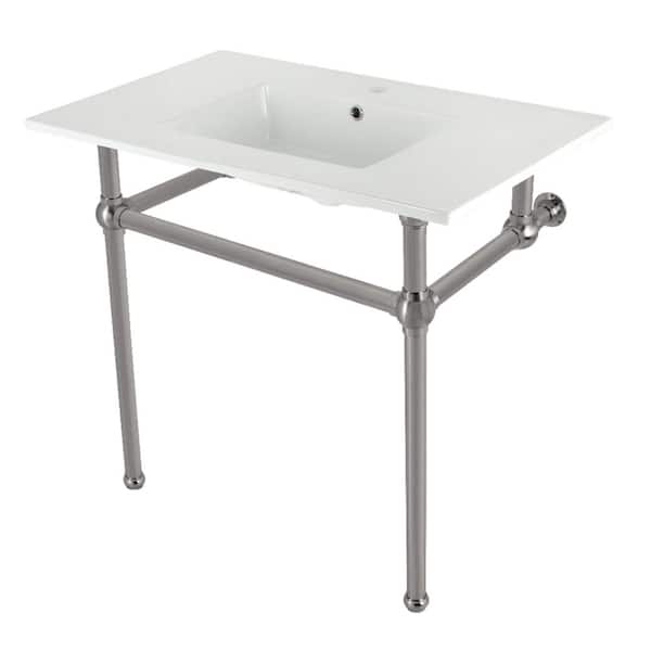 Kingston Brass Fauceture 37 in. Ceramic Console Sink Set with Brass Legs in White/Brushed Nickel