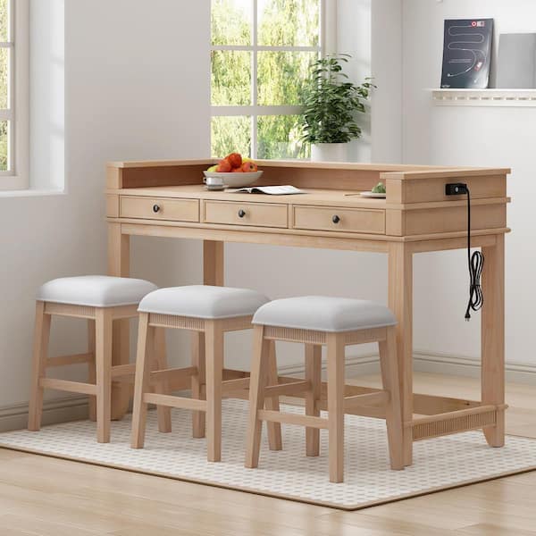 4-Piece Natural Wood Top Dining Set Seats 3 with Storage Drawers