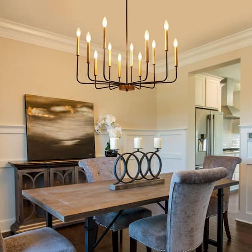 12-Light Black and Gold Modern Height Adjustable Candlestick Chandelier for Kitchen Island with No Bulbs Included Home