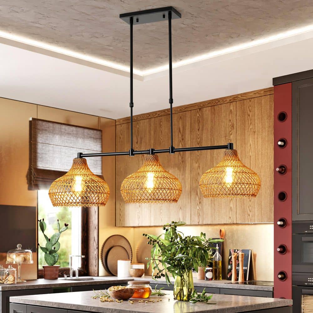 60-Watt 3 Light Farmhouse Boho Linear Black Pendant Light with Yellow Rattan Shade for DIning Room, No Bulbs Included price history on PriceWatchPro