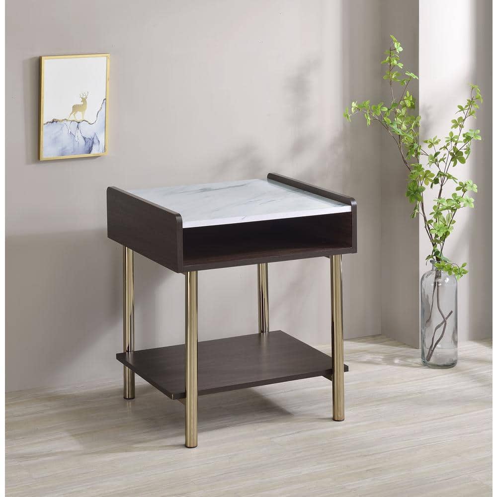 Walnut and White Marble Top End Table with Storage