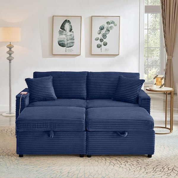 Sylvric Modern 68 in. Blue Fluffy Corduroy Upholstered 2-Seats Sofa Loveseat with Storage Ottomans and Table Board