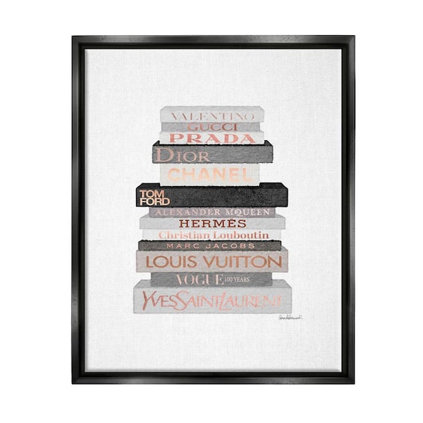 Stupell Industries Neutral Grey and Rose Gold Fashion Bookstack Black Floater Framed Canvas Wall Art, 24 x 30