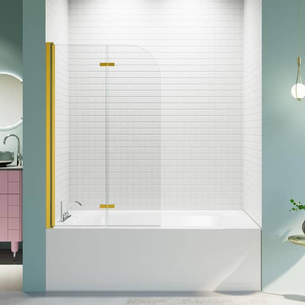 Reversible 34.75 in. W x 58 in. H Bi-Fold Pivot Frameless Tub Door in Brushed Gold with Tempered Clear Glass