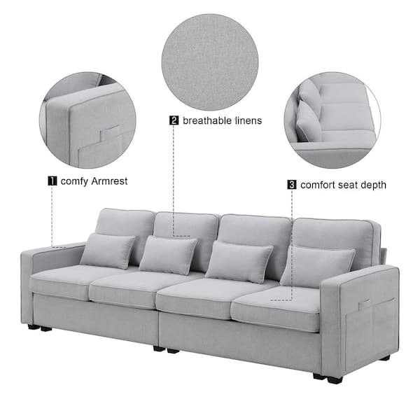 114 in. square arm linen fabric 4 seats modern sofa in light gray 