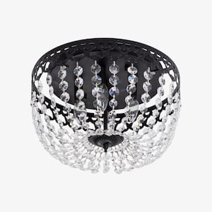 Portland 4-Light 15 in. Black Simple Bowl Flush Mount with Crystal Shade