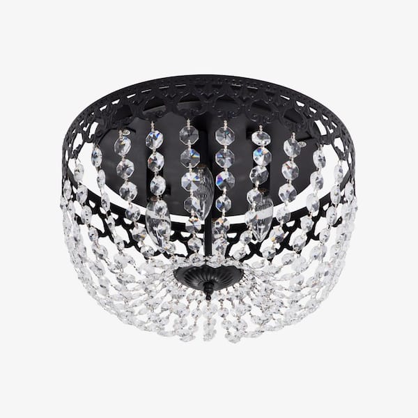 Portland 4-Light 15 in. Black Simple Bowl Flush Mount with Crystal Shade