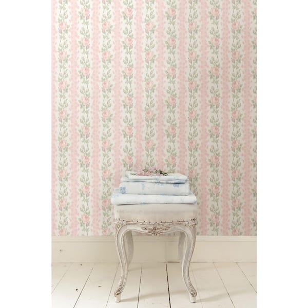 Blooming Heirloom Marie Pink Rose Stripe Wallpaper