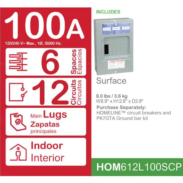 Square D - Homeline 100 Amp 6-Space 12-Circuit Indoor Surface Mount Main Lug Load Center with Cover