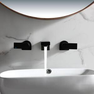 Double Handle Wall Mounted Bathroom Faucet with Hot/Cold Indicators in Matte Black