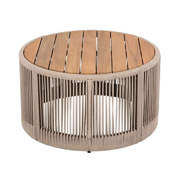 Beige Rattan Rope Frame & Acacia Wood Top Patio Outdoor Coffee Table for Garden, Yard, Balcony