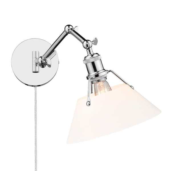 Golden Lighting Orwell 1- Light Chrome and Opal Glass Plug-In or Hardwired Swing Arm Wall Lamp with 120 in. Cord for Bedroom and Foyer