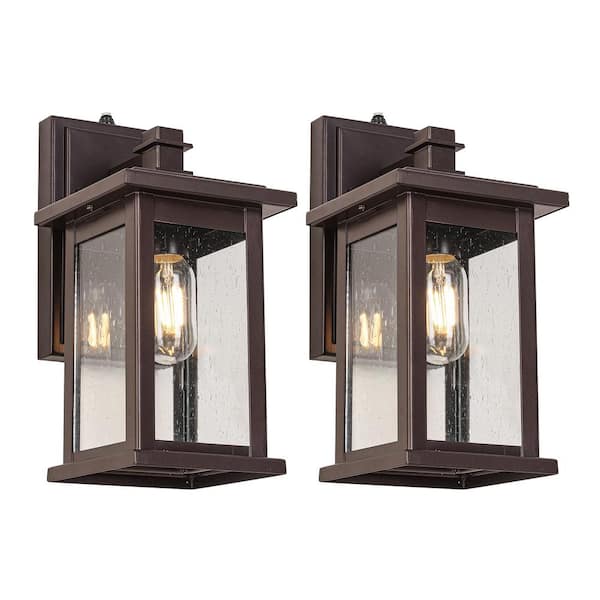 Jushua 2-Pack Dusk to Dawn Sensor Outdoor Bronze Lantern Sconce with Glass Shade, Waterproof, No Bulbs Included