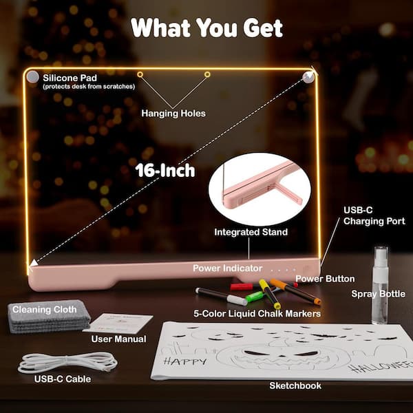 16-Inch LED Drawing Board w/ 7-Color Light Modes, Rechargeable Glow Art Pad w/ Built-in Stand, 5 Markers & Tracing Book