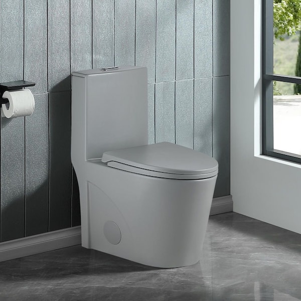 Dual Flush Elongated 1-Piece Toilet in Matte Light Gray with UF Soft Closing Seat Cover 12 in. Rough-In