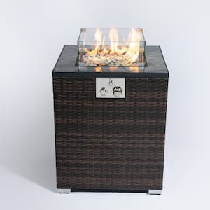 23.60 in. W x 28.70 in. H Dark Brown Outdoor 50000 BTU Square PE Wicker Propane Fire Pit Table with Glass Windshield
